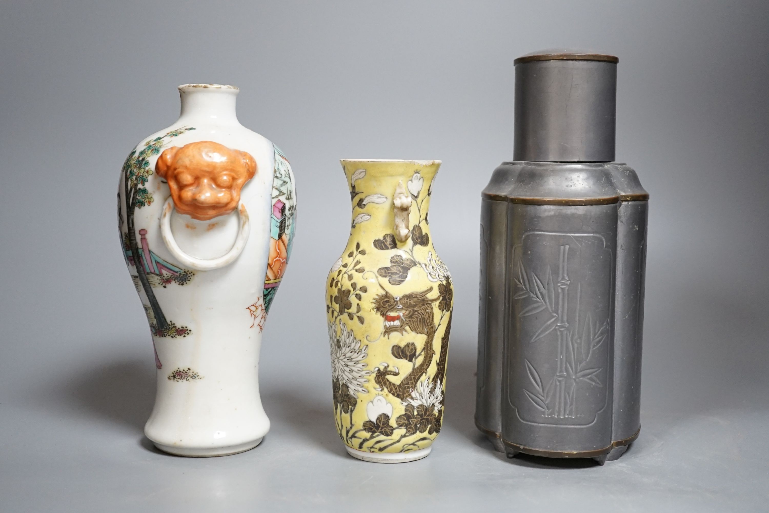 Two 19th century Chinese vases and a 20th century Chinese pewter caddy 22cm